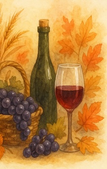 Harvest grapes with glass of wine watercolor